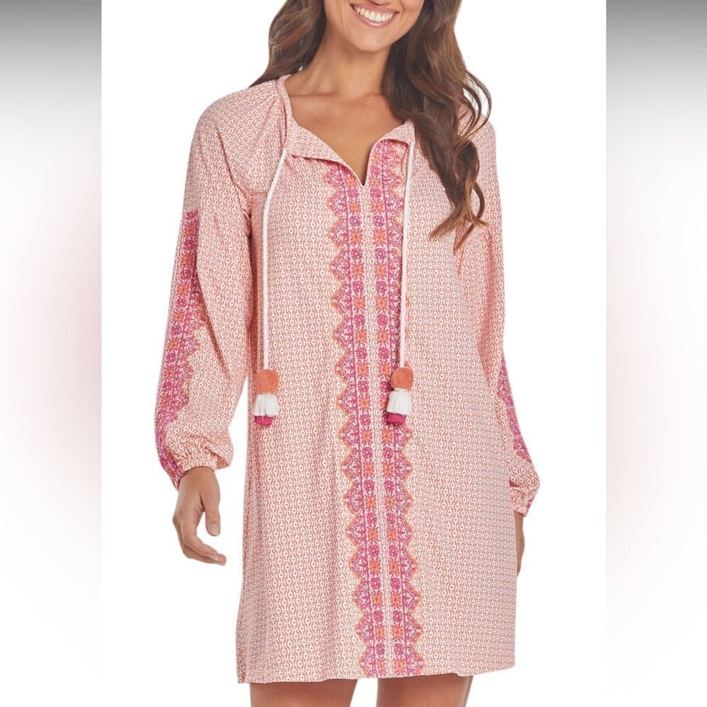 Cabana Life Tulum Embroidered Tassel Cover Up Dress In Pink Size XS